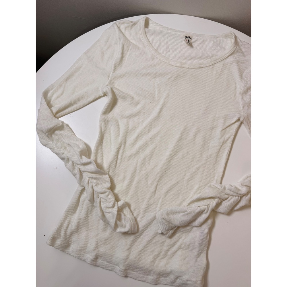 Free People Long Sleeve Top Womens Medium Cream Excellent Ruched Ribbed Knit - Picture 2 of 4